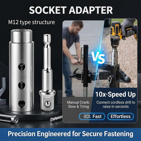 Heavy Duty Trailer Jack Drill Adapter showing stainless steel socket and M12 structure for power drills, efficient and fast lifting.