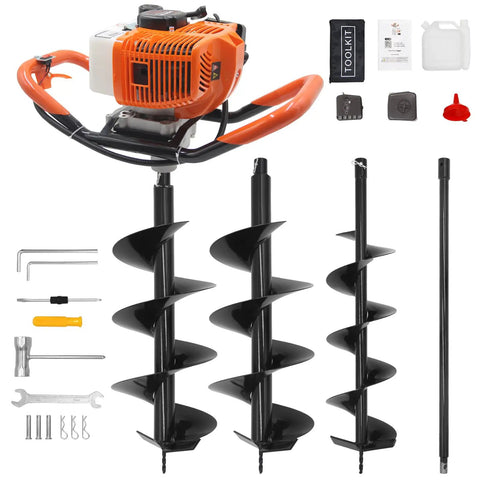 Gas Powered Post Hole Digger Auger With 62CC Engine And 2 Stroke Power Includes 6 Inch And 8 Inch Drill Bits Plus 1 Extension Rod