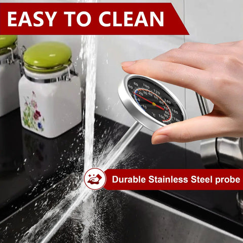 Instant Read Meat Thermometer With Your Go To Five Point Five Inch Stainless Steel Probe And One Point Five Inch Dial For Grilling Steak Chicken Bread Milk Tea And Coffee In The Kitchen being cleaned under faucet