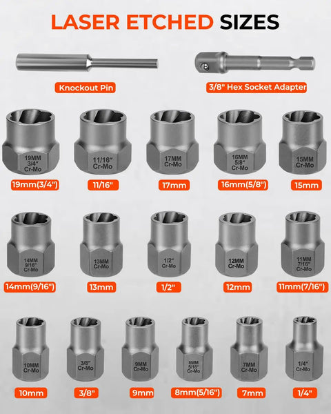 18 Piece Bolt Extractor Kit With Three Eighths Inch Drive For Damaged Bolts Nuts And Screws Includes Hex Adapters Kit Sizes