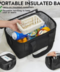 Interior of rear bike basket with removable insulated liner, showing lunchbox and drinks inside. Rear Bike Basket With Removable Insulated Liner Ride Ready Rainproof Cover Cargo Net Quick Release Folding Design Fits Most Rear Bike Racks Great For Adults Perfect For Picnics Shopping And School Use.