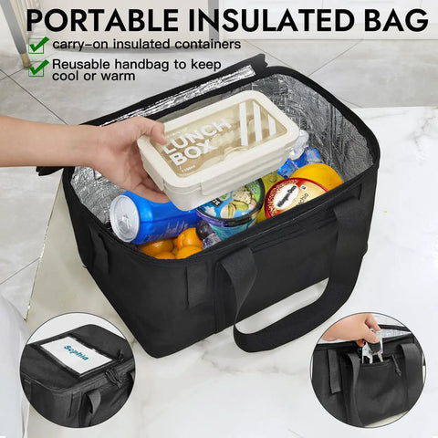 Interior of rear bike basket with removable insulated liner, showing lunchbox and drinks inside. Rear Bike Basket With Removable Insulated Liner Ride Ready Rainproof Cover Cargo Net Quick Release Folding Design Fits Most Rear Bike Racks Great For Adults Perfect For Picnics Shopping And School Use.