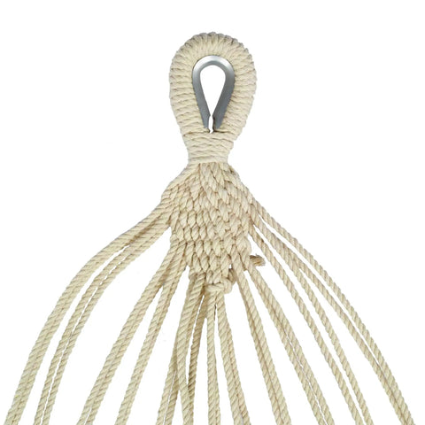 Close-up of hand-woven rope loops and hanging hardware from 40-Inch Wide Brazilian Style Hammock With Hand-Woven Rope Loops And Hanging Hardware Indoor Outdoor Cotton-Poly Blend 250 Lbs Capacity Guacamole Color Portable With Drawstring Carry Bag For Backyard Chill.