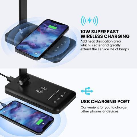 Wireless Charging Desk Lamp With Night Light No Fuss 10W Fast Charge USB Port 10 Brightness Levels And 5 Color Modes showcased