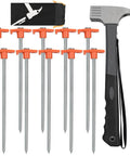 Beefy Heavy Duty 10 Inch Tent Stakes And Hammer Kit 10 Pack with storage pouch for quick camp tents and strong anchoring.