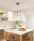 Lit Modern Gold Globe Pendant LED Chandelier With 3 Adjustable Rings 4000K Dimmable Indoor Light Fixture above kitchen island.