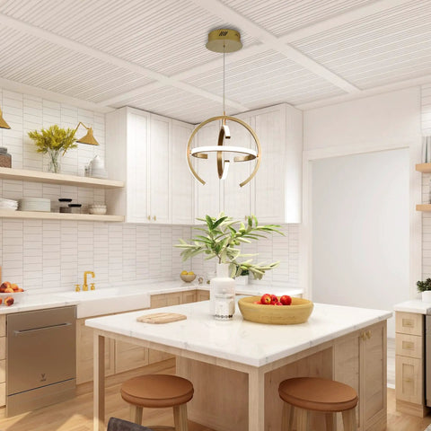 Lit Modern Gold Globe Pendant LED Chandelier With 3 Adjustable Rings 4000K Dimmable Indoor Light Fixture above kitchen island.