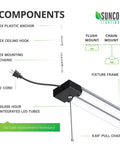 Diagram showing components of Sixteen Pack 4 Ft LED Shop Light For Garage And Workshop, including mounts and pull chain.