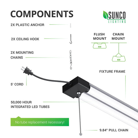 Diagram showing components of Sixteen Pack 4 Ft LED Shop Light For Garage And Workshop, including mounts and pull chain.