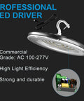 200W LED High Bay Light for Shops and Barns, 5000K Daylight, showcasing LED driver and features like high light efficiency.