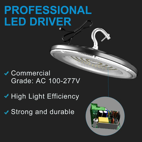 200W LED High Bay Light for Shops and Barns, 5000K Daylight, showcasing LED driver and features like high light efficiency.