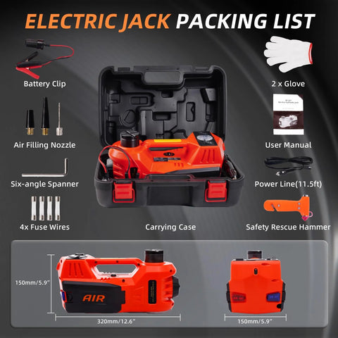 STANDTALL 12V orange electric car jack in carrying case with tire inflator and included accessories (gloves, manual)