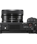Top view of ZV-E10 Mirrorless Camera Bundle With 16 to 50mm Kit Lens And Forty Piece Accessory Bundle Including 64GB SD Card LED Light Case Tripod