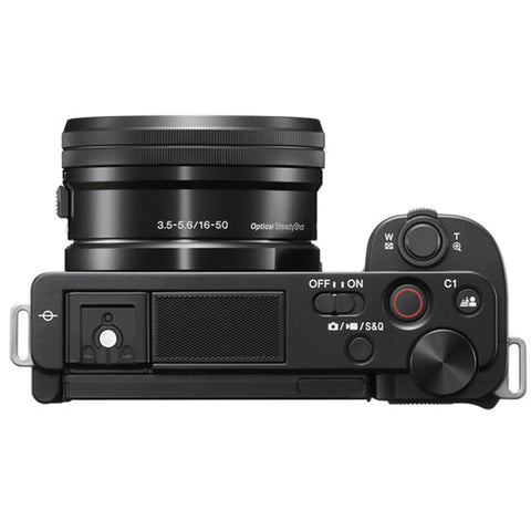 Top view of ZV-E10 Mirrorless Camera Bundle With 16 to 50mm Kit Lens And Forty Piece Accessory Bundle Including 64GB SD Card LED Light Case Tripod