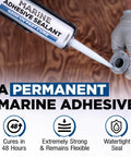 Marine Adhesive Sealant 5200 Fast Cure 10 Oz White Durable Watertight Bond dispenser with gloved hand above wooden surface