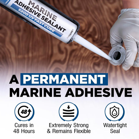 Marine Adhesive Sealant 5200 Fast Cure 10 Oz White Durable Watertight Bond dispenser with gloved hand above wooden surface