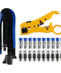 Adjustable Coax Cable Crimp Kit With Stripper And 20 F Compression Connectors For RG6 RG59 RG11, tools and connectors displayed.