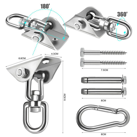 Beefy 360 Degree Swivel Hammock Hanging Kit With Stainless Steel Hooks, 1200 Lb Capacity, dimensions and parts detailed