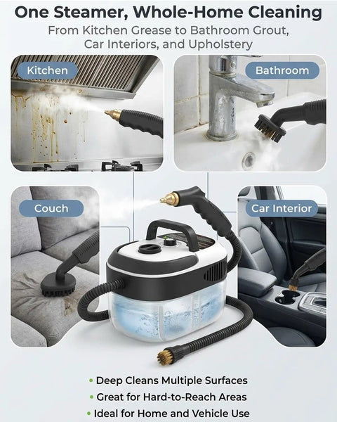 Powerful 2500W Handheld High Temp Steam Cleaner With 15 Second Heat Up, 1.6L Tank, cleaning kitchen, bathroom, car interiors, couch
