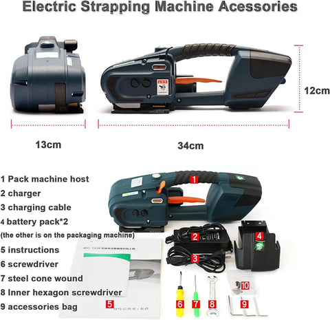 Heavy Duty Handheld Electric Strapper With Built In Battery Automatically Tensions Welds And Cuts Pp Pet Straps detailed view with accessories.