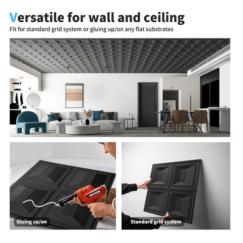 Installation of Drop Ceiling Tiles 24x24 Inch Pack of 12 White PVC Panels for DIY grid or glue-on setup in living room setting.