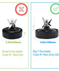 Comparison of small 6-fin blade for 16oz cups and High Performance Seven Fin Male Blender Blade Replacement With Rubber Gasket Seal Fits Eighteen Ounce Twenty Four Ounce And Thirty Two Ounce Cups Perfectly