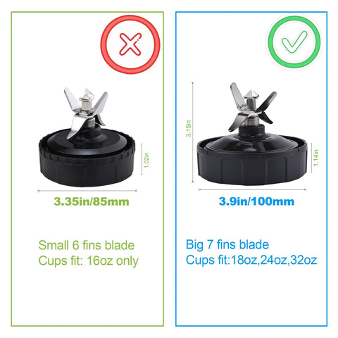 Comparison of small 6-fin blade for 16oz cups and High Performance Seven Fin Male Blender Blade Replacement With Rubber Gasket Seal Fits Eighteen Ounce Twenty Four Ounce And Thirty Two Ounce Cups Perfectly