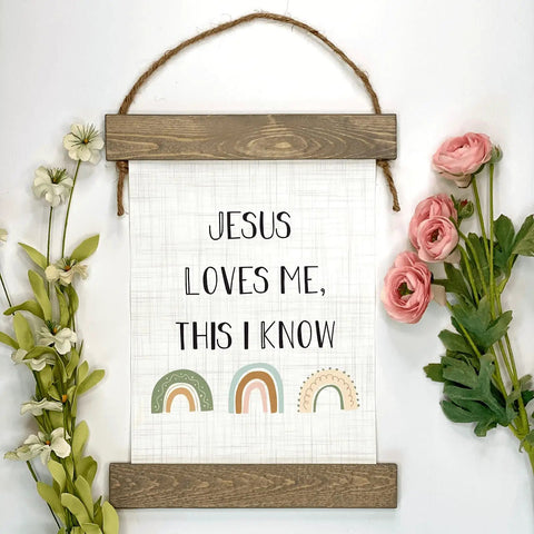Jesus Loves Me This I Know Hanging Canvas For Kids Boho Rainbow Nursery Decor Inspirational Christian Wall Art