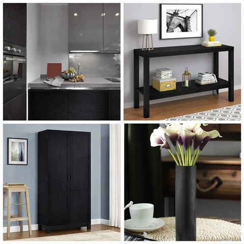 Peel And Stick Black Wood Grain Wallpaper For Counters And Cabinets in elegant home settings, showcasing versatility.