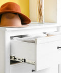 Top Shelf Hella Smooth Soft Close Drawer Slides 20 Inch Heavy Duty Full Extension Side Mount Ball Bearing Cabinet Hardware For Dressers And Drawers Silver 10 Piece Set on a dresser with a hat on top.