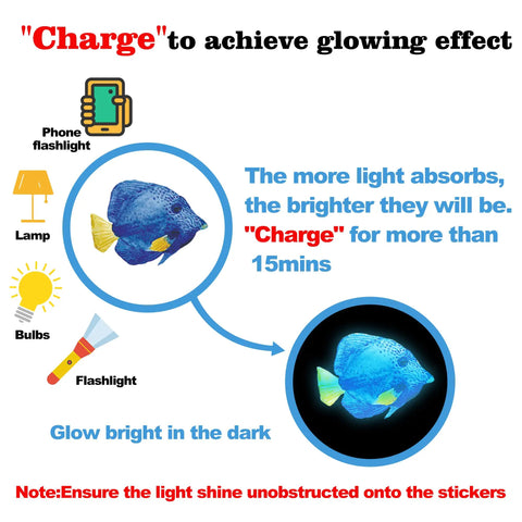 Instructions to charge Glow In The Dark Ocean Wall Decals Set With Sea Life Stickers using lamp or flashlight for glowing effect.