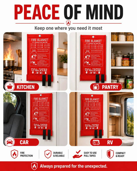 Two Pack Hella Tough Emergency Fire Blanket, 40 Inch Premium Fiberglass Flame Resistant Sheet in kitchen and pantry settings.