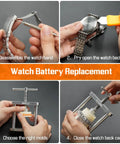 Watch Press Tool Set Back Case Closer For Closing The Back Cover And Battery Replacement Opener Remover Repair Kit For Round Dial Watches 22mm Through 42mm Pry Opening Case Back shown in steps of disassembling, prying, choosing molds, and closing back case.
