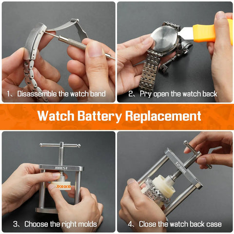 Watch Press Tool Set Back Case Closer For Closing The Back Cover And Battery Replacement Opener Remover Repair Kit For Round Dial Watches 22mm Through 42mm Pry Opening Case Back shown in steps of disassembling, prying, choosing molds, and closing back case.