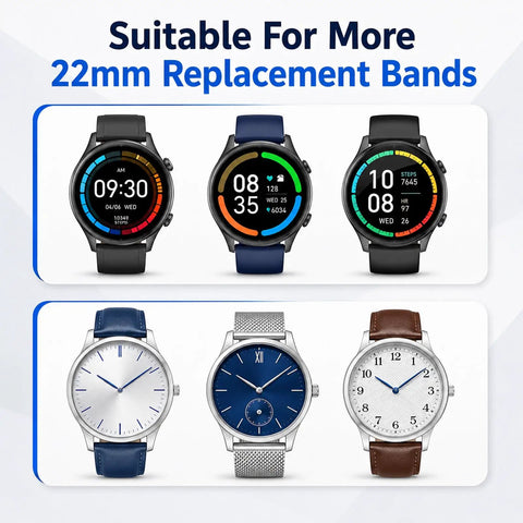 Image of various smart and traditional watches suitable for 22mm replacement bands. Focus on 20mm Quick Release Watch Pins Kit Stainless Steel.