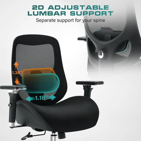 Heavy Duty 750Lb Big And Tall Office Chair With Wide Thick Seat Cushion, Ergonomic Mesh Desk Chair, 2D Adjustable Lumbar Support