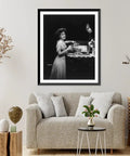 Retro Kitchen Scene Wall Art Print Professionally Framed In Classic Black Wood Antique Era Photo above a modern sofa