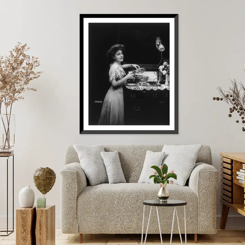 Retro Kitchen Scene Wall Art Print Professionally Framed In Classic Black Wood Antique Era Photo above a modern sofa