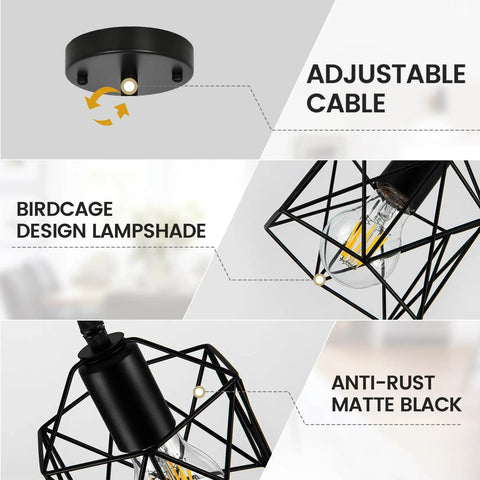 Top Shelf One Light Hanging Pendant Light Fixture With Clean Slick Black Finish And Totally Adjustable Suspension Cord For Kitchen Island Room Vibe Boost, showing adjustable cable and birdcage lampshade.