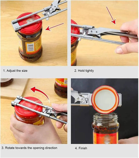 All In One Adjustable Jar And Can Opener No Fuss Stainless Steel Manual Kitchen Gadget with Jar Lid Gripper in use on jar lid