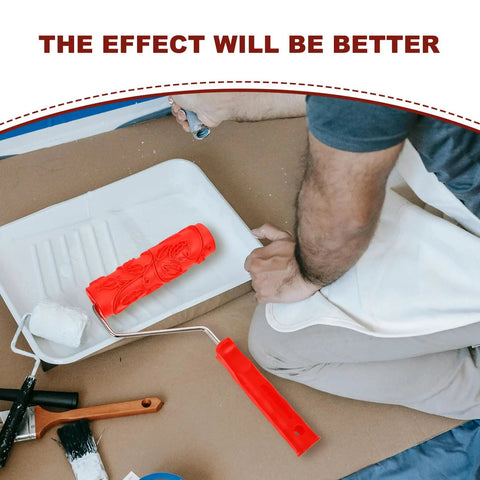 DIY Patterned Rubber Painting Roller For Textured Wall Art Decoration And Reusable Embossing Texture Tool on paint tray.