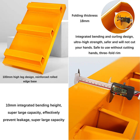 Heavy Duty Spill Containment Pallet On Wheels Yellow Leakproof Drain Tray with reinforced edges and measurement gauge detail