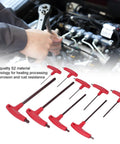 Premium S2 Steel Hex Key Set With T Handle Tools For Automotive Repair And Machinery Maintenance, Featuring Rust Coating And Durable Metric Wrench Kit That Slays Any Tight Bolt Job. Red T-handle S2 steel hex key set used for automotive engine repair.