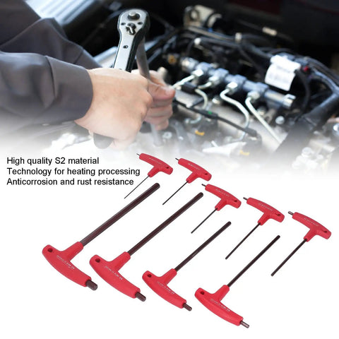 Premium S2 Steel Hex Key Set With T Handle Tools For Automotive Repair And Machinery Maintenance, Featuring Rust Coating And Durable Metric Wrench Kit That Slays Any Tight Bolt Job. Red T-handle S2 steel hex key set used for automotive engine repair.
