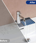 Before and after using Sink Splash Guard And Silicone Faucet Mat For Kitchen And Bathroom Water Absorbent Drip Catcher That Keeps Countertops Dry Flexible Non Slip Faucet Rack Easy Drainage Stays Put Gray Finish Protects Surfaces, showing dry countertop and flowing water on mat.
