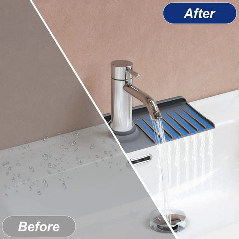 Before and after using Sink Splash Guard And Silicone Faucet Mat For Kitchen And Bathroom Water Absorbent Drip Catcher That Keeps Countertops Dry Flexible Non Slip Faucet Rack Easy Drainage Stays Put Gray Finish Protects Surfaces, showing dry countertop and flowing water on mat.