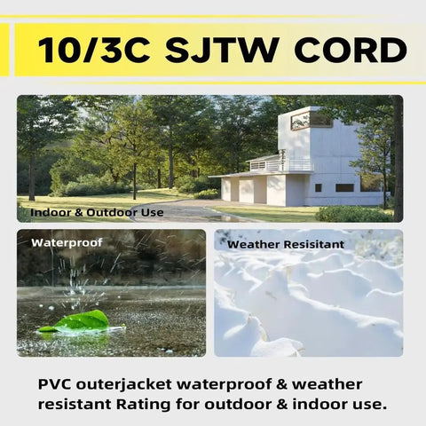 10/3C SJTW cord for indoor and outdoor use, waterproof and weather resistant, showcasing application in different environments.