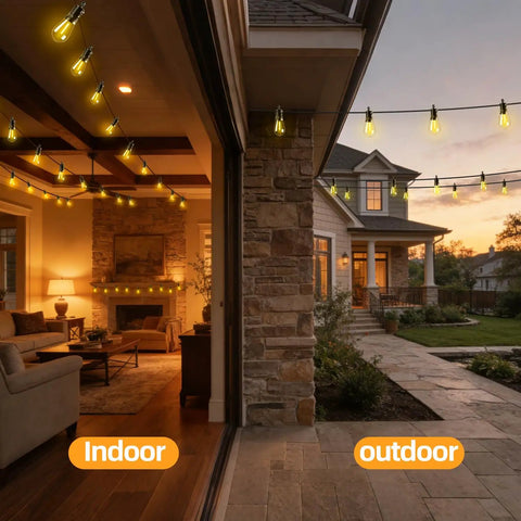 50ft Solar String Lights Outdoor With Remote Control S14 Bulbs Dimmable illuminate patio and living room, no outlet needed