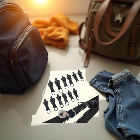12Pcs Black Zipper Pull Replacement Kit With Instant Fix Sliders shown with bags and denim, no tools needed for repair, easy fix.