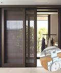 4 Piece Sliding Wardrobe Door Hardware Set Includes Two Dial Adjust Door Hangers Sized 1 And 2, 8 Screws, Durable Galvanized Steel Closet Roller Kit For Smooth, Quiet Sliding Doors And Easy Installation shown installed on wardrobe.